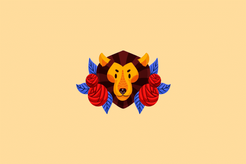 Ilustração estilizada do signo de Leão. No centro, a cabeça de um leão amarelo e laranja vista de frente com uma juba marrom escura, emoldurada por grandes rosas vermelhas e folhas azuis nas laterais. O fundo é de cor amarela clara uniforme.