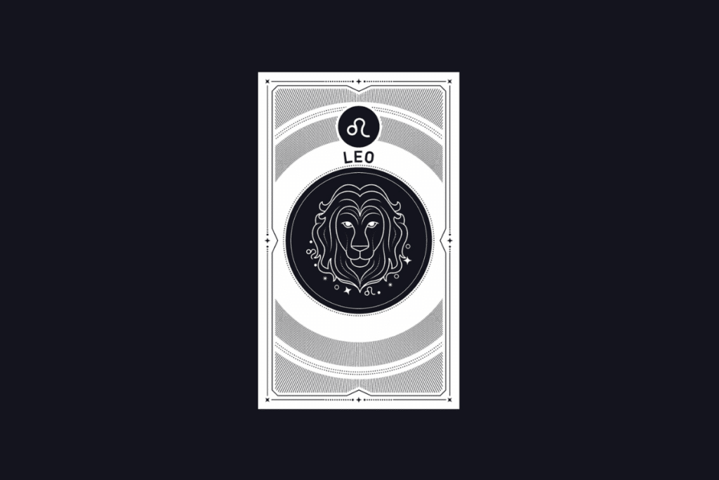 Ilustração em estilo carta de tarot em preto e branco do signo de Leão, contendo o símbolo do signo, a palavra "LEO" e a cabeça de um leão no centro.