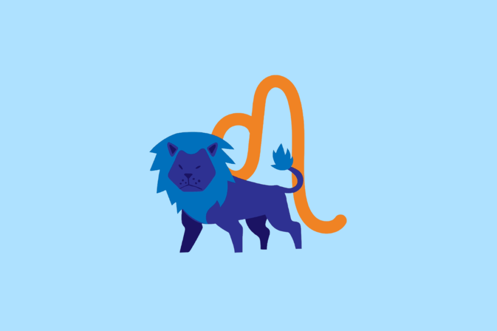 Ilustração vetorial sobre fundo azul-claro representando o signo de Leão. Mostra um leão em tom azul-escuro de perfil com juba azul-viva, com o símbolo astrológico de Leão em tom laranja ao fundo.