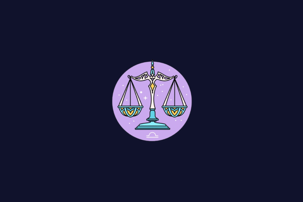 Ilustração do signo de Libra, mostrando uma balança estilizada em tons de azul e amarelo, dentro de um círculo lilás.