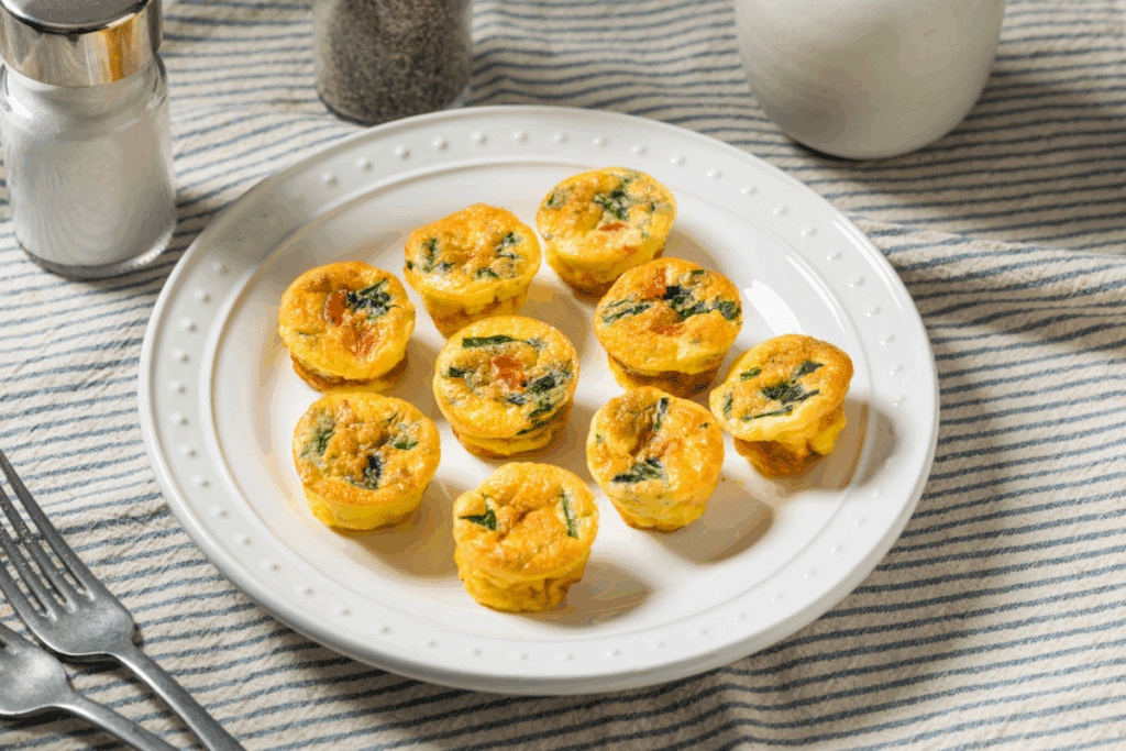Prato branco com muffins de ovo com espinafre e tomate 