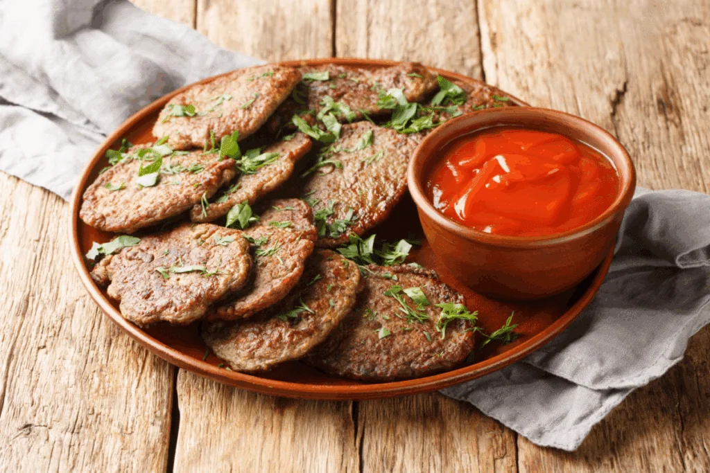 Panquecas de fígado salpicadas com ervas frescas, acompanhadas de molho de tomate em uma tigela sobre prato de cerâmica