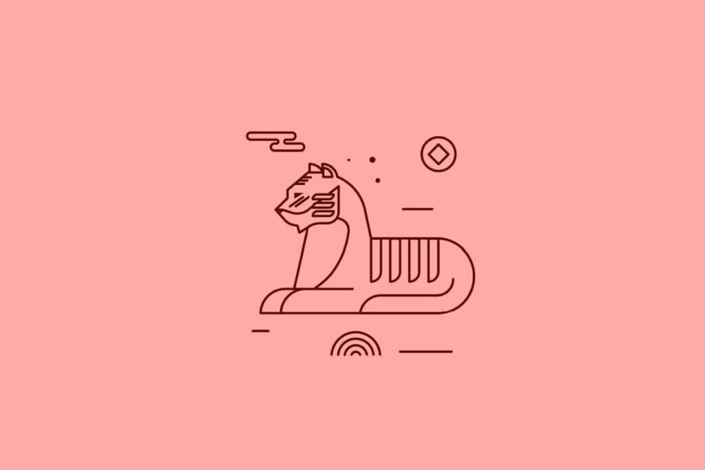 Ilustração minimalista em linhas marrons de um tigre deitado, sobre um fundo rosa claro. O corpo possui listras geométricas e há símbolos de moedas e nuvens ao redor.