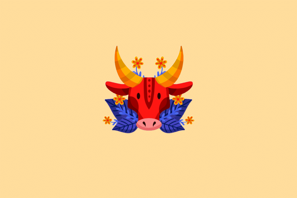 Ilustração estilizada do signo de Touro. No centro, a cabeça de um touro vermelho vista de frente com grandes chifres amarelos e laranjas, apoiada sobre grandes folhas roxas e decorada com pequenas flores amarelas ao redor. O fundo é de cor amarela clara uniforme.