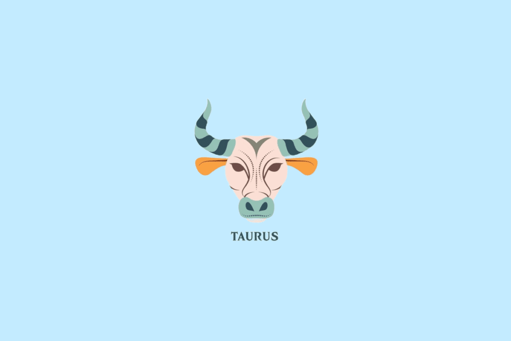 Ilustração estilizada da cabeça de um touro com chifres listrados e detalhes em laranja, com a palavra "TAURUS" escrita abaixo.