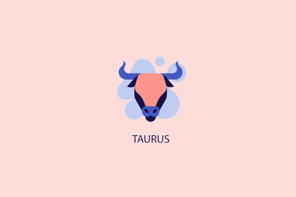 Ilustração minimalista da cabeça de um touro com chifres azuis e rosto rosa sobre formas azuis claras e fundo rosa, com a palavra "TAURUS" escrita abaixo.