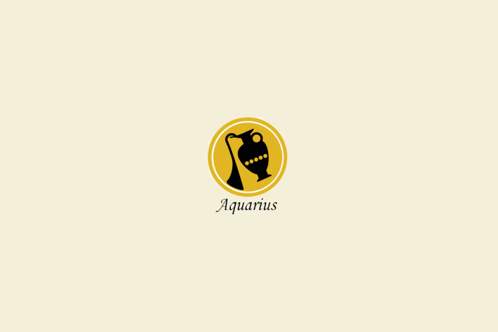 Ilustração de uma ânfora, dentro de um círculo amarelo-escuro, representando o signo de aquário, em fundo amarelo-claro