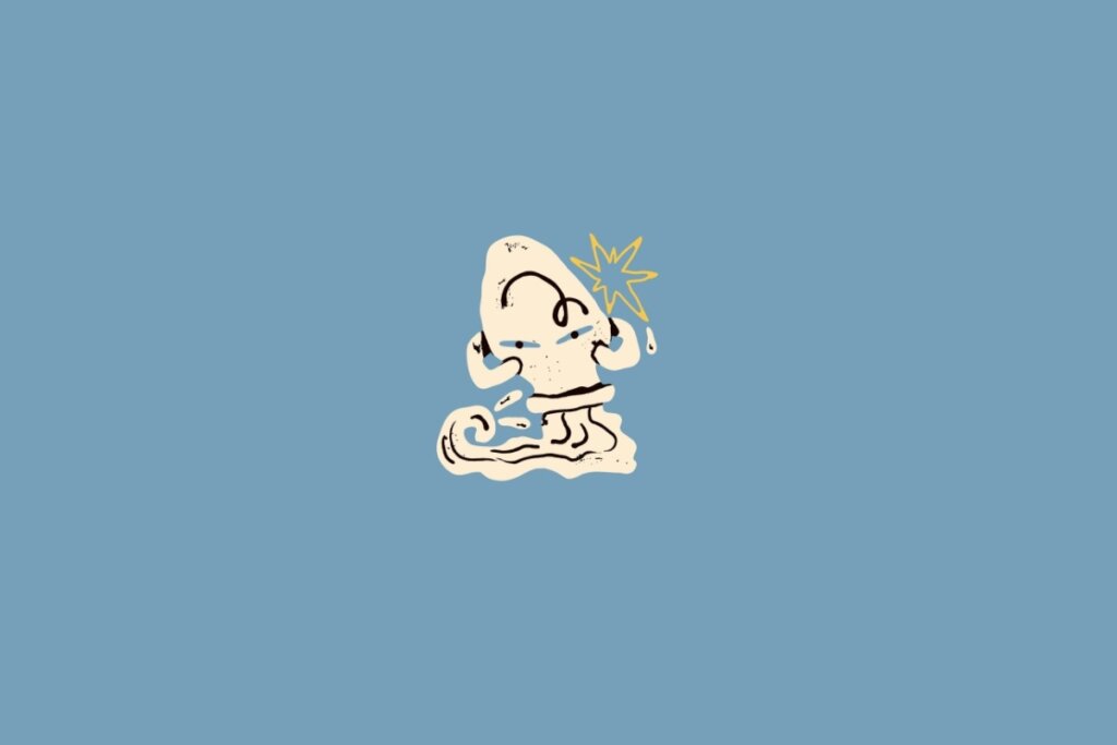 Ilustração de uma ânfora em amarelo-claro sobre um fundo azul-claro