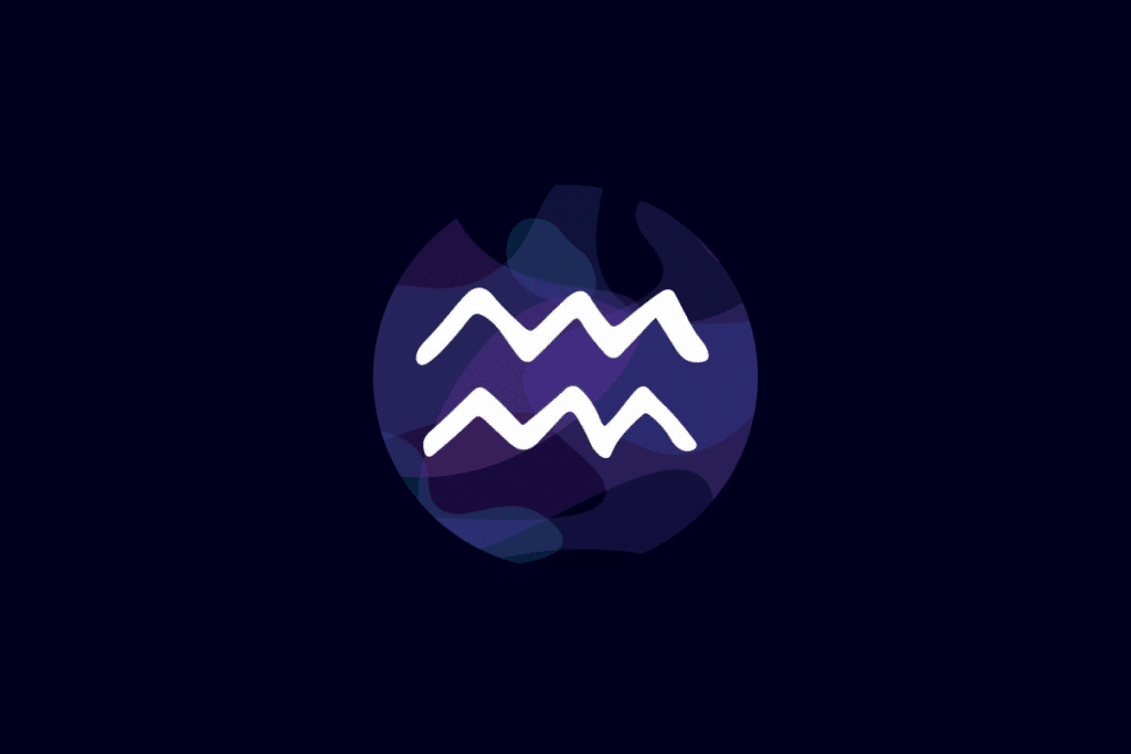 Ilustração do símbolo do signo de Aquário em branco, centralizado sobre um círculo com tons de azul e roxo, em fundo azul-escuro