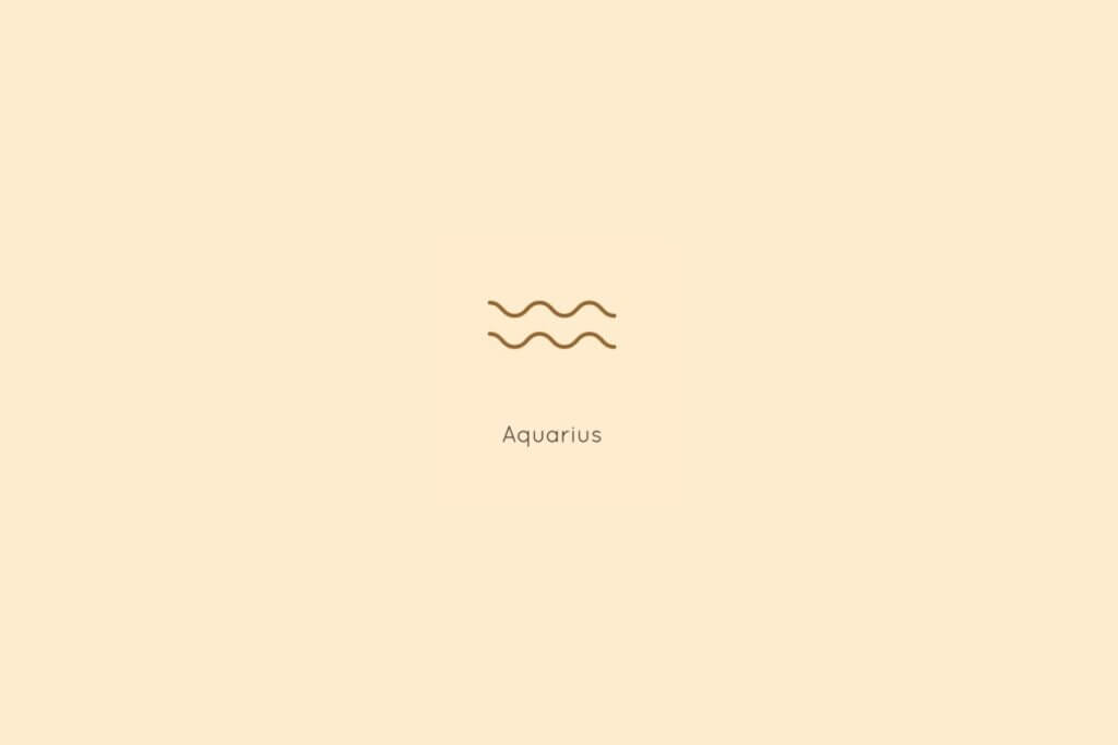 Ilustração do signo de aquário, centralizado em um fundo amarelo, com o nome do signo abaixo
