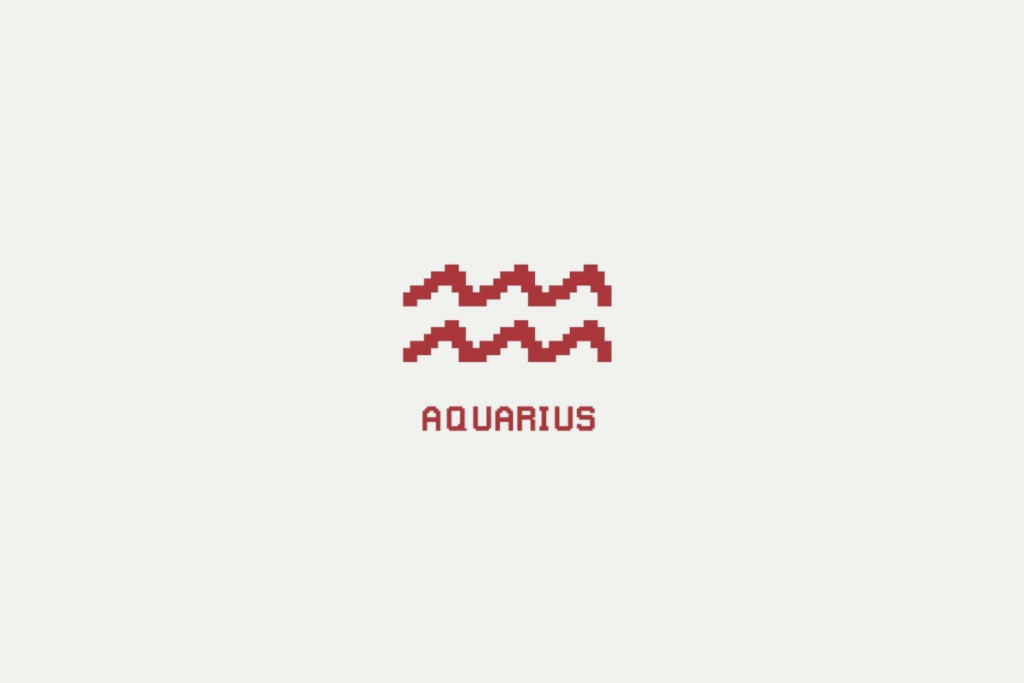 Ilustração do signo de aquário em vermelho e com o nome abaixo, centralizado em um fundo cinza-claro