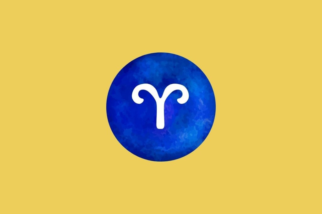 Ilustração do signo de áries em um círculo azul sobre um fundo amarelo 