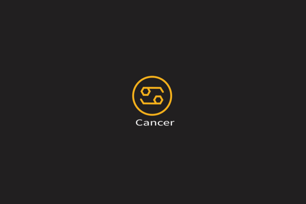 Ilustração do signo de câncer em amarelo, dentro de um círculo da mesma cor, centralizado em fundo preto