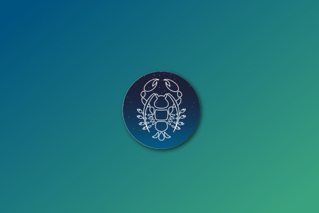 círculo azul com ilustração branca de um caranguejo representando o signo de câncer sobre fundo verde