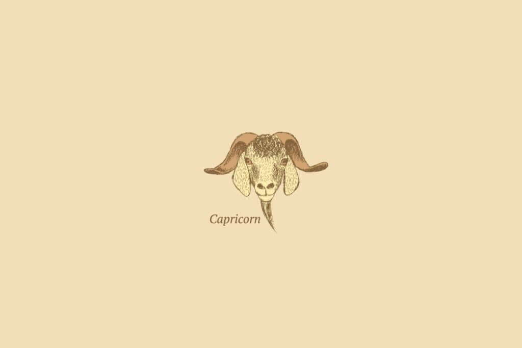 Ilustração do signo de capricórnio centralizado, com o nome do signo embaixo, em um fundo rosa-salmão 