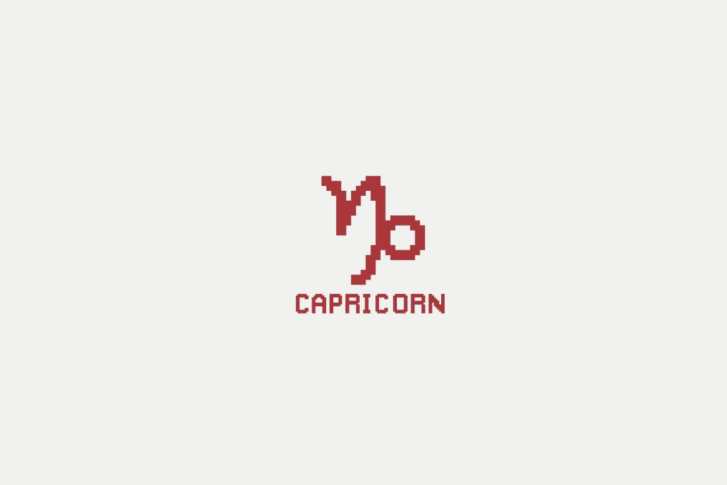 Ilustração do signo de capricórnio em vermelho e com o nome abaixo, centralizado em um fundo cinza-claro