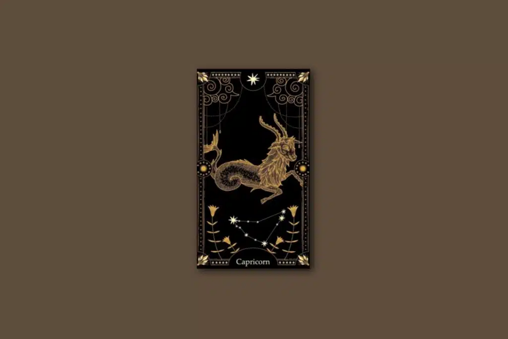 Ilustração de uma carta preta, com o desenho do signo e da constelação de capricórnio, com borda dourada e estrelas