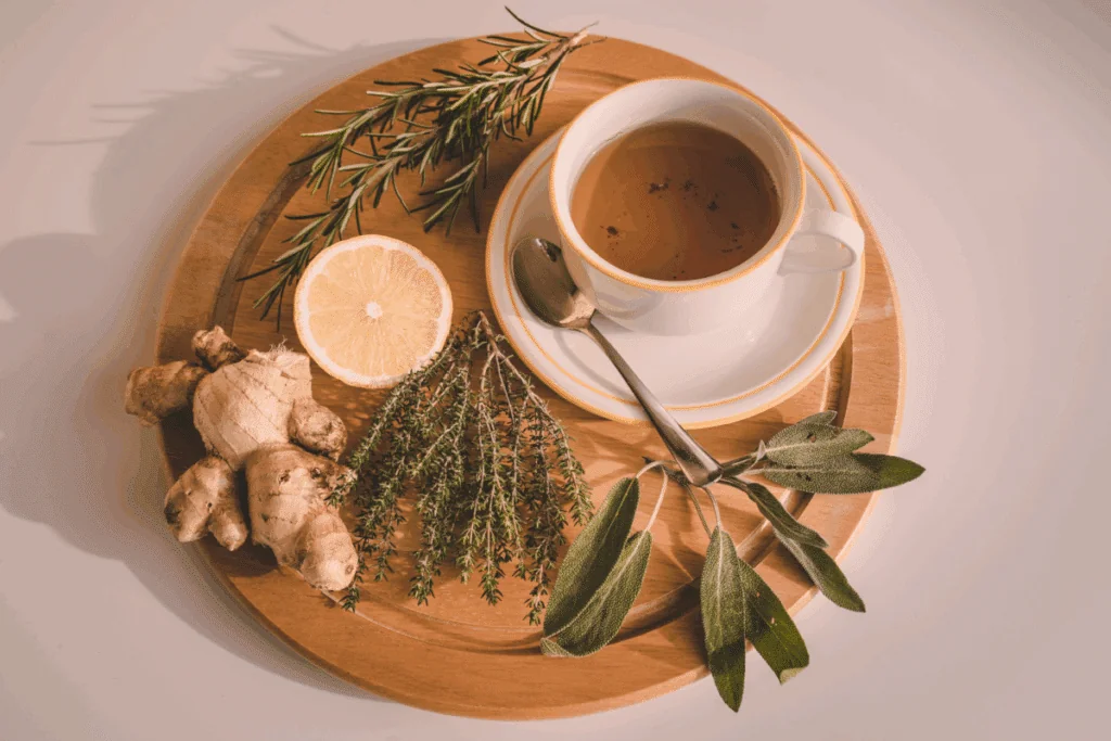 A imagem mostra uma xícara de chá em uma porcelana branca com pires, apoiada sobre uma bandeja redonda de madeira. Ao redor da bebida estão dispostos ingredientes naturais, como um ramo de alecrim, pedaços de gengibre fresco, meio limão, ramos de tomilho e folhas de sálvia