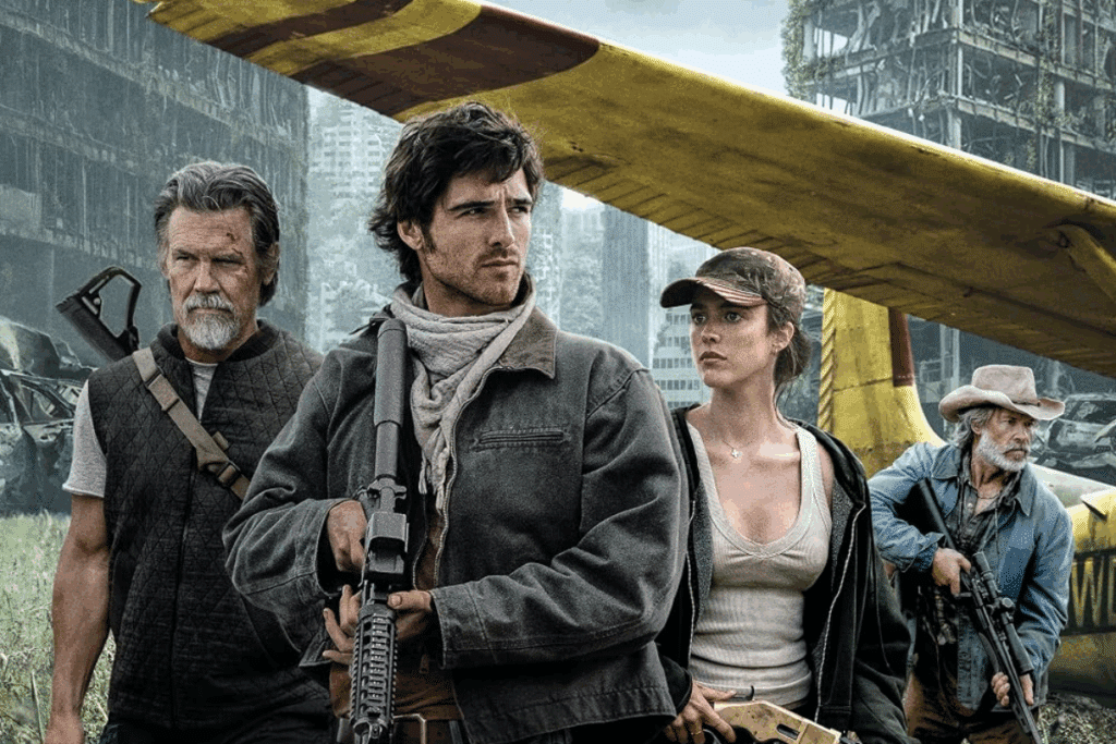 Imagem de três homens e uma mulher usando roupas de frio em tons de cinza e branco com armas na mão olhando para frente e com avião amarelo ao fundo