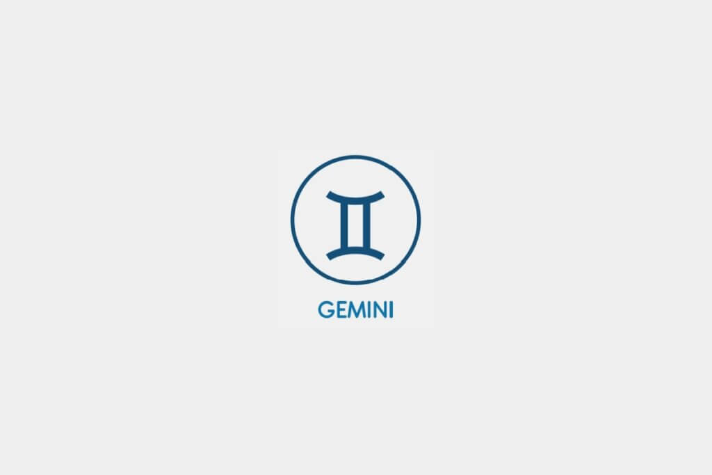 Círculo azul com o símbolo do signo de Gêmeos ao centro e o nome do signo abaixo, sobre um fundo cinza-claro
