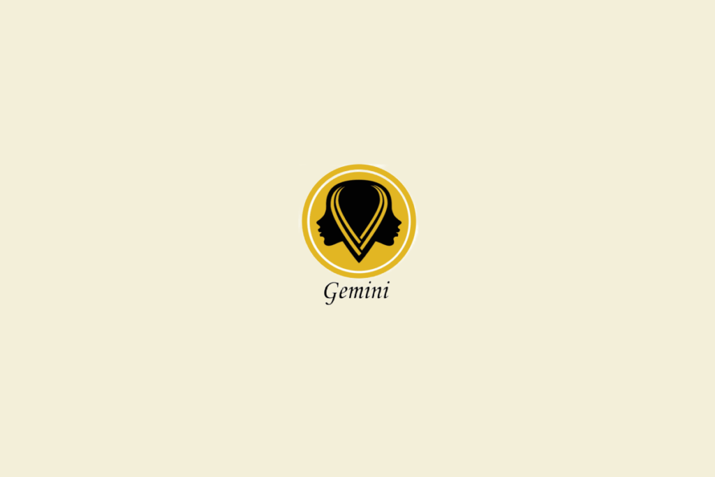 Ilustração de dois rostos, dentro de um círculo amarelo-escuro, representando o signo de , em gêmeos, fundo amarelo-claro