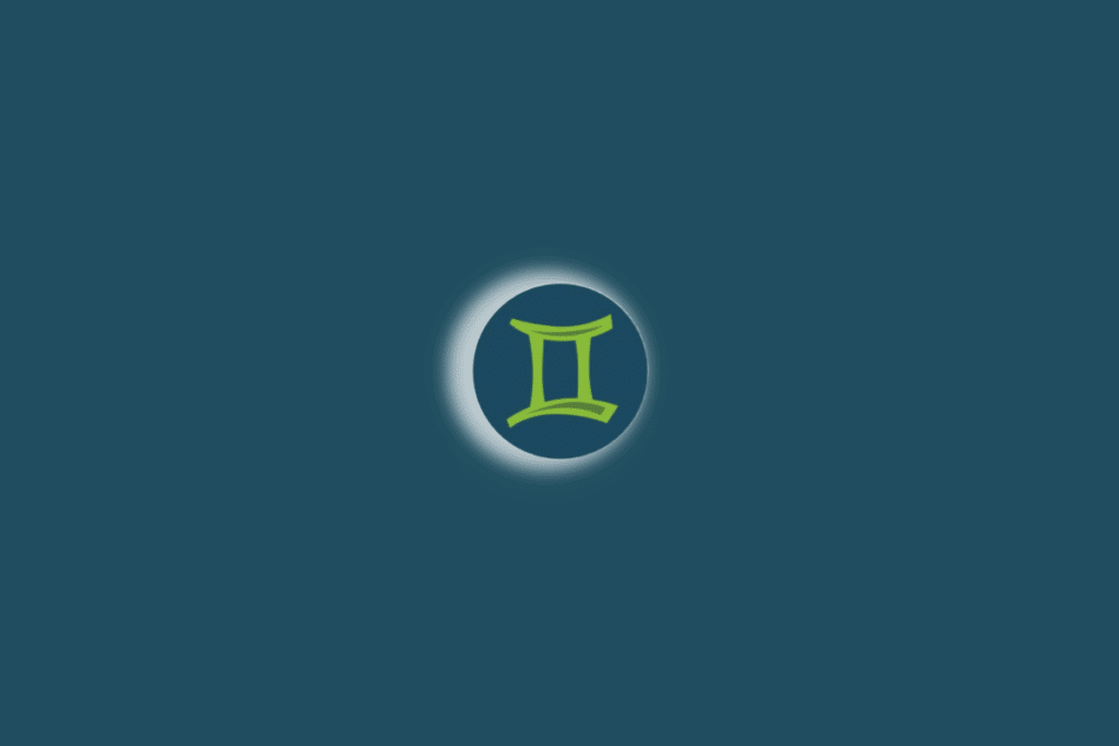 Ilustração do símbolo do signo de gêmeos com luz branca ao redor. Fundo verde-escuro