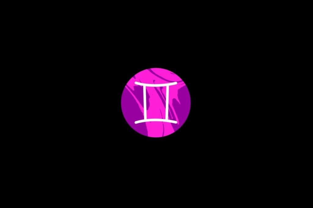 Ilustração do signo de gêmeos, dentro de um círculo rosa, sobre um fundo preto