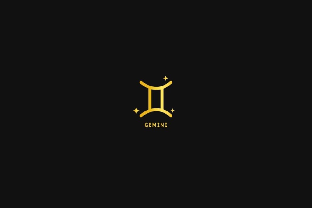 Ilustração do signo de gêmeos em dourado, sobre um fundo preto, com estrelas ao redor