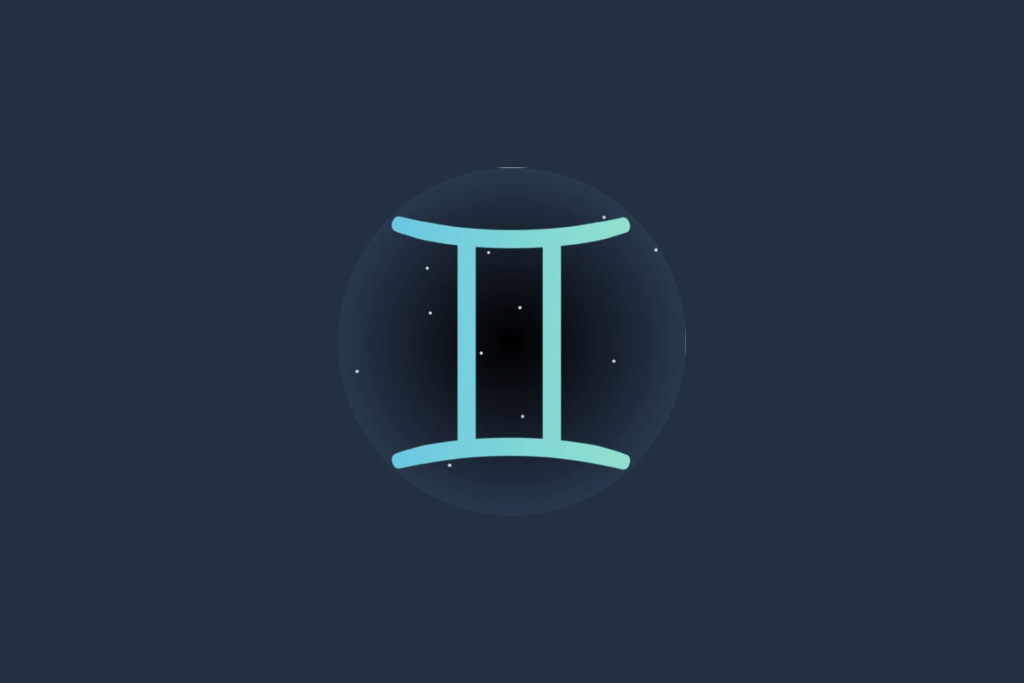 Ilustração do signo de gêmeos, em verde-claro e cercado por estrelas, centralizado em fundo verde-escuro
