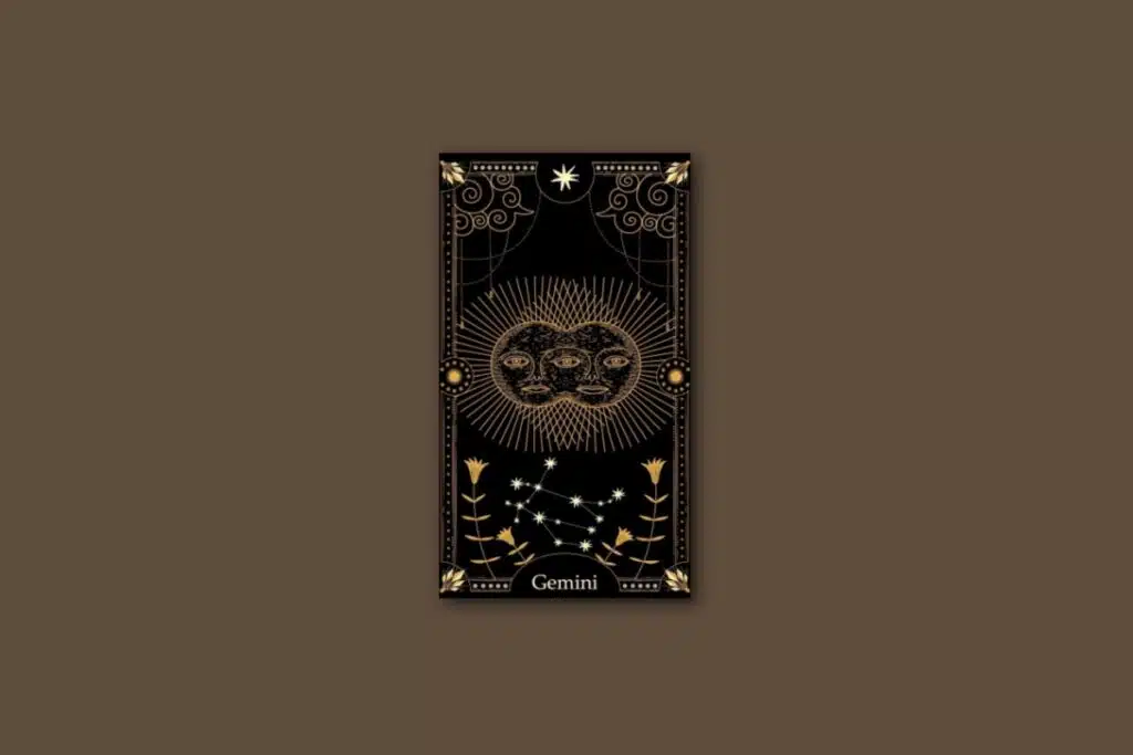Ilustração de uma carta preta, com o desenho do signo e da constelação de gêmeos, com borda dourada e estrelas