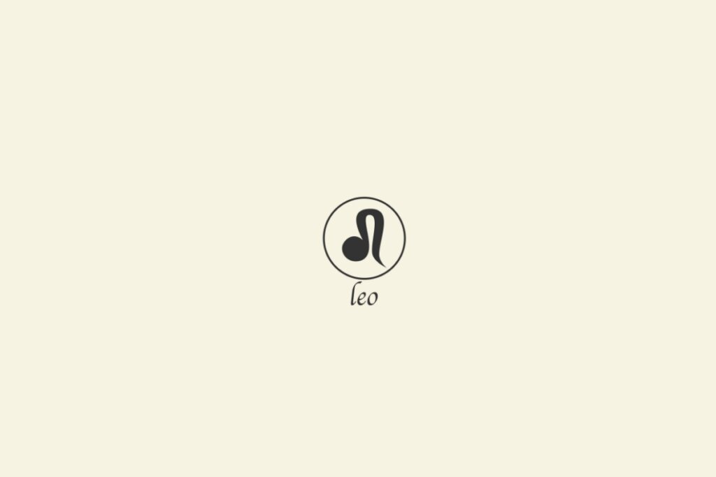 Ilustração do signo de leão na cor preta, com um círculo em volta e o nome abaixo, sobre um fundo amarelo-claro