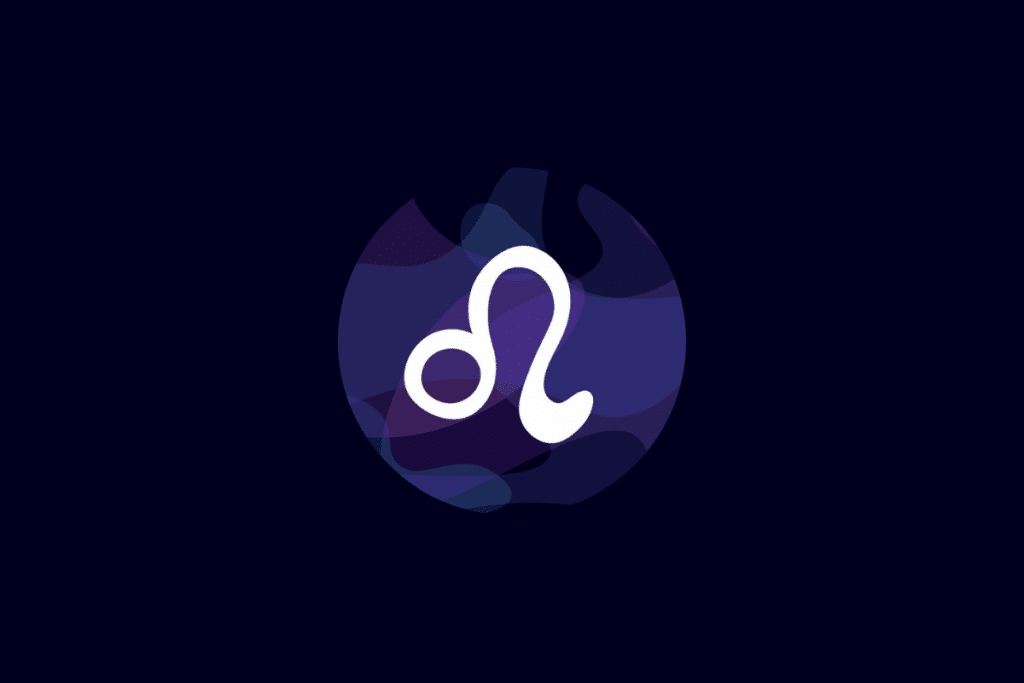 Ilustração do símbolo do signo de leão em branco, centralizado sobre um círculo com tons de azul e roxo, em fundo azul-escuro.