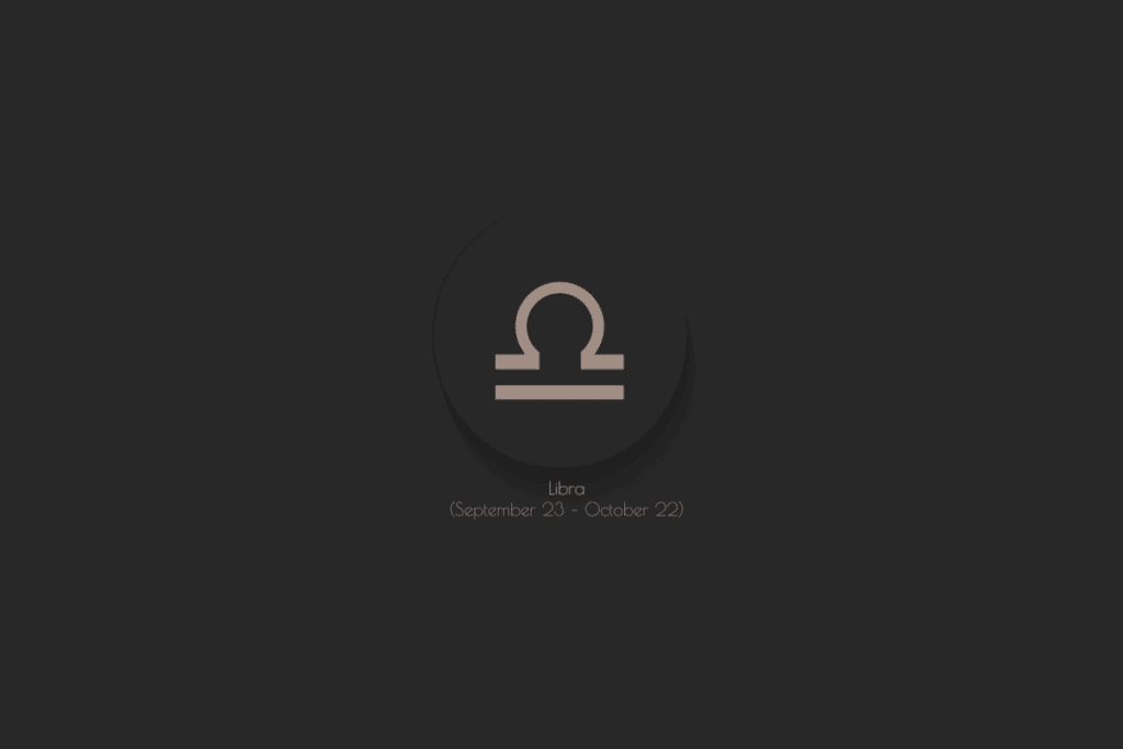 Ilustração do símbolo do signo de Libra na cor bege, centralizado em um fundo preto, com sombra ao fundo e o nome e a data do signo abaixo