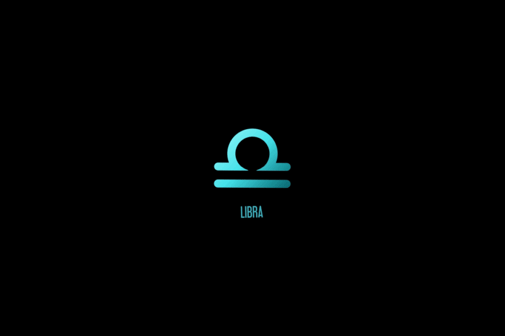 Ilustração do signo de libra em azul, com o nome do signo abaixo, centralizado em fundo preto