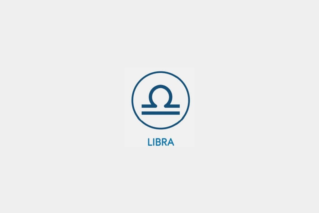 Círculo azul com o símbolo do signo de Libra ao centro e o nome do signo abaixo, sobre um fundo cinza-claro