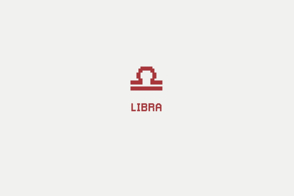 Ilustração do signo de libra em vermelho e com o nome abaixo, centralizado em um fundo cinza-claro