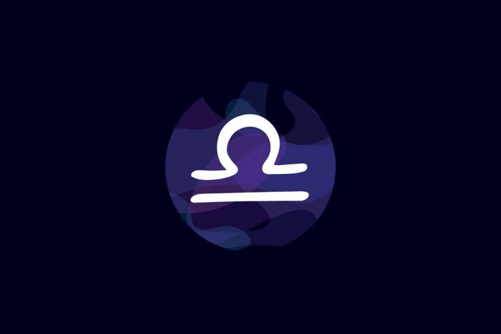 Ilustração do símbolo do signo de libra em branco, centralizado sobre um círculo com tons de azul e roxo, em fundo azul-escuro.