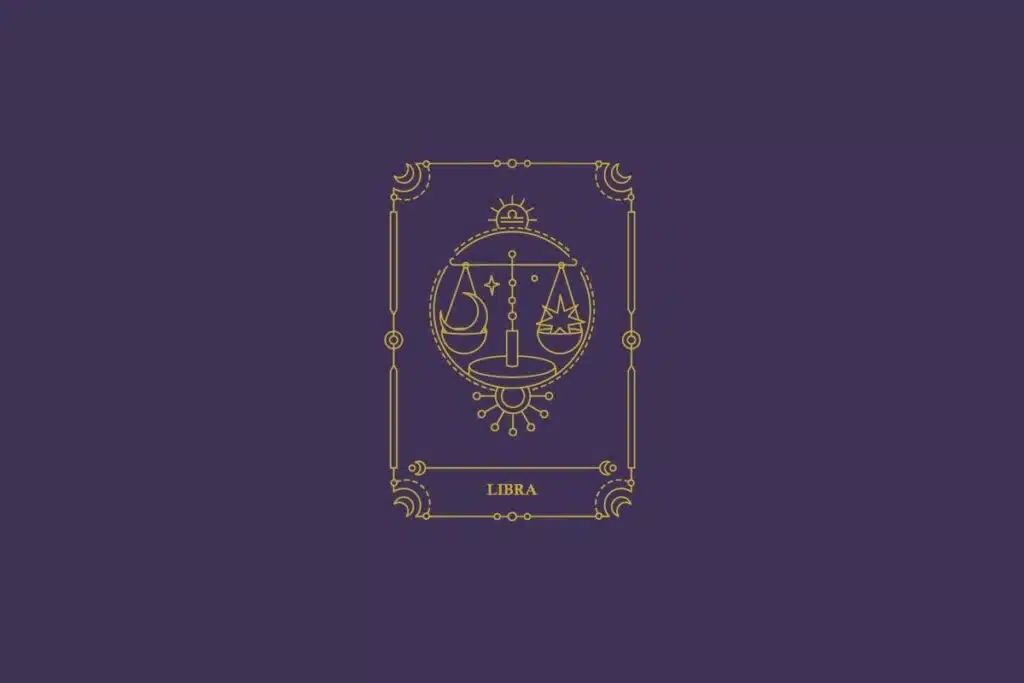 Ilustração do signo de libra em dourado com detalhes na mesma cor ao redor. Fundo roxo-escuro