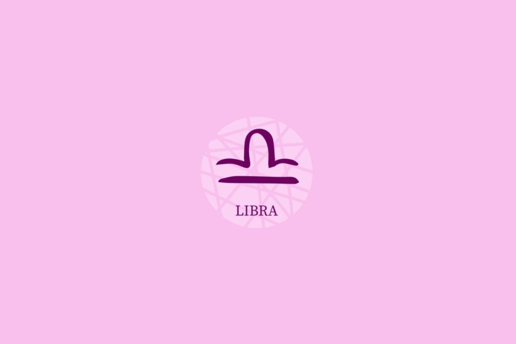 Ilustração de círculo lilás-claro com desenho e nome do signo de libra sobre fundo lilás