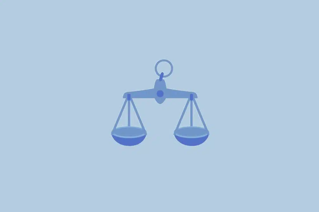 Ilustração do signo Libra, com uma balança azul em equilíbrio, sobre fundo azul-claro.