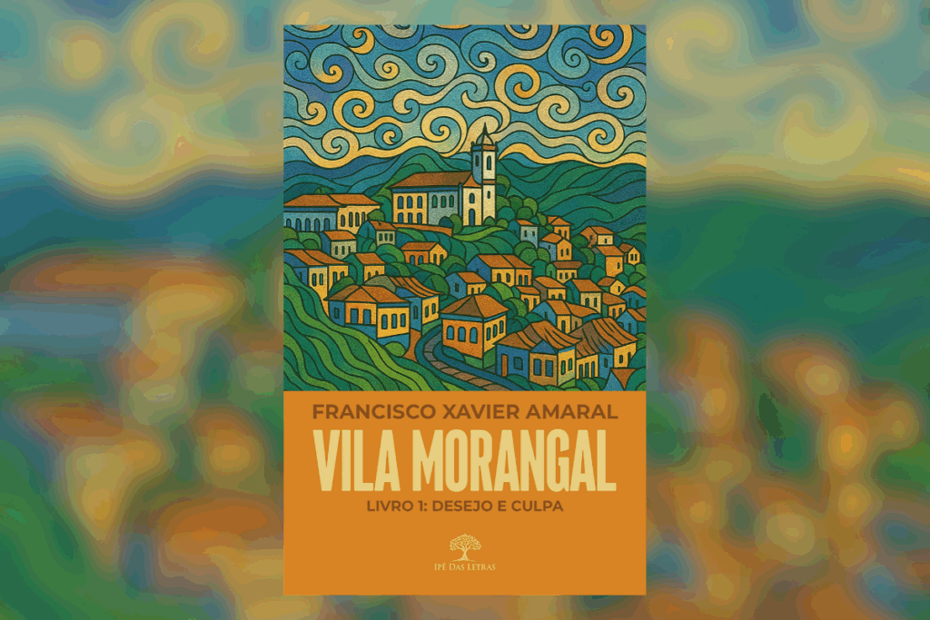 Capa de livro com título em laranja, e autor em marrom com  ilustração de cidade ao fundo colorida