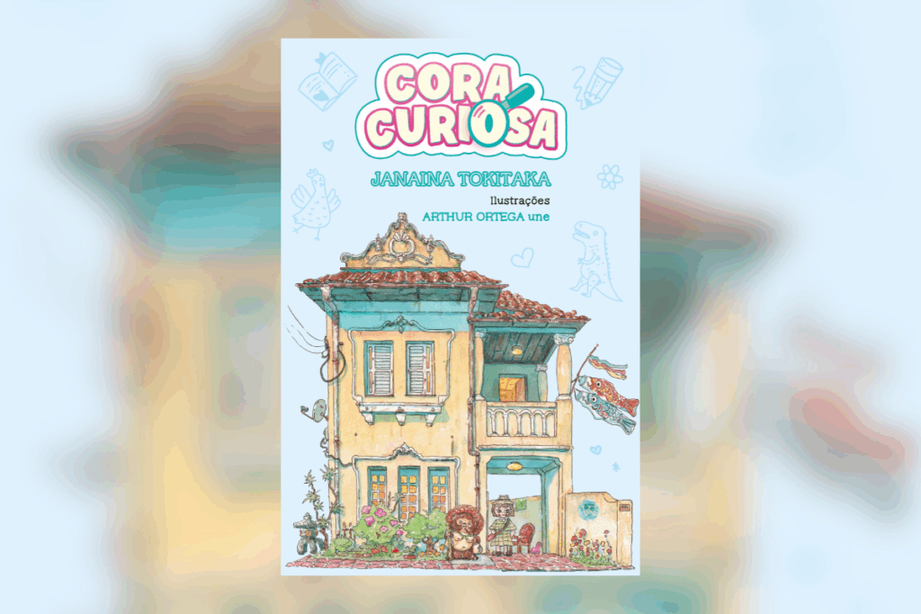 Título e nome da autora escrito em branco, rosa e azul com ilustração de uma casa amarela ao fundo com uma menina na porta com fundo azul