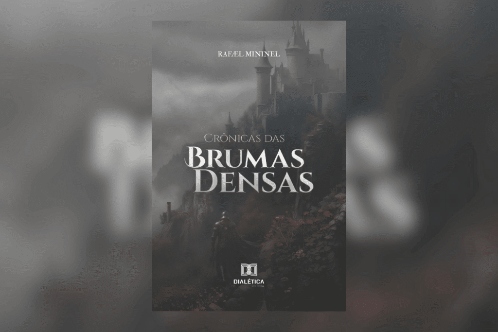 Nome do livro e da editora escrito em branco, com ilustração de castelo e soldado usando roupa de guerra em tons de cinza ao fundo