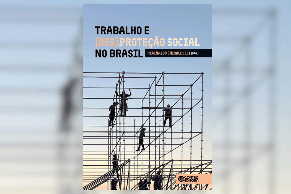 Capa de livro com imagem de homens trabalhando em estrutura de ferro com título e nome do autor em preto e branco