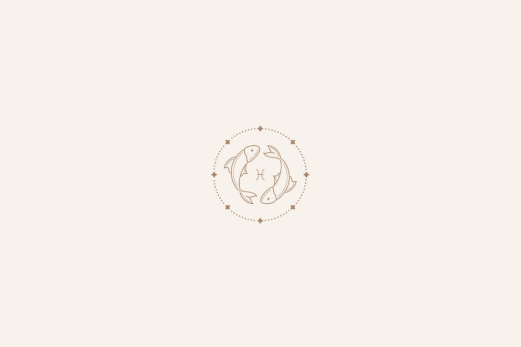 Ilustração de dois peixes dentro de um círculo de estrelas, centralizado sobre um fundo bege-claro, representando o signo de Peixes