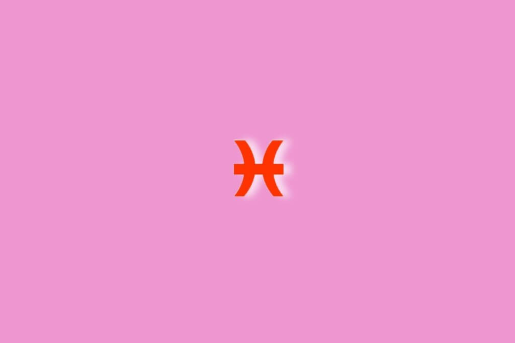 Fundo rosa com o símbolo do signo de peixes em vermelho no centro da imagem. Luz branca ao redor dele