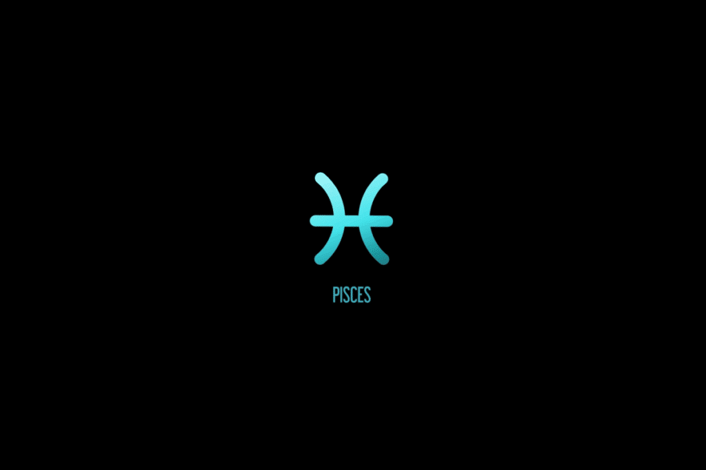Ilustração do signo de peixes em azul, com o nome do signo abaixo, centralizado em fundo preto