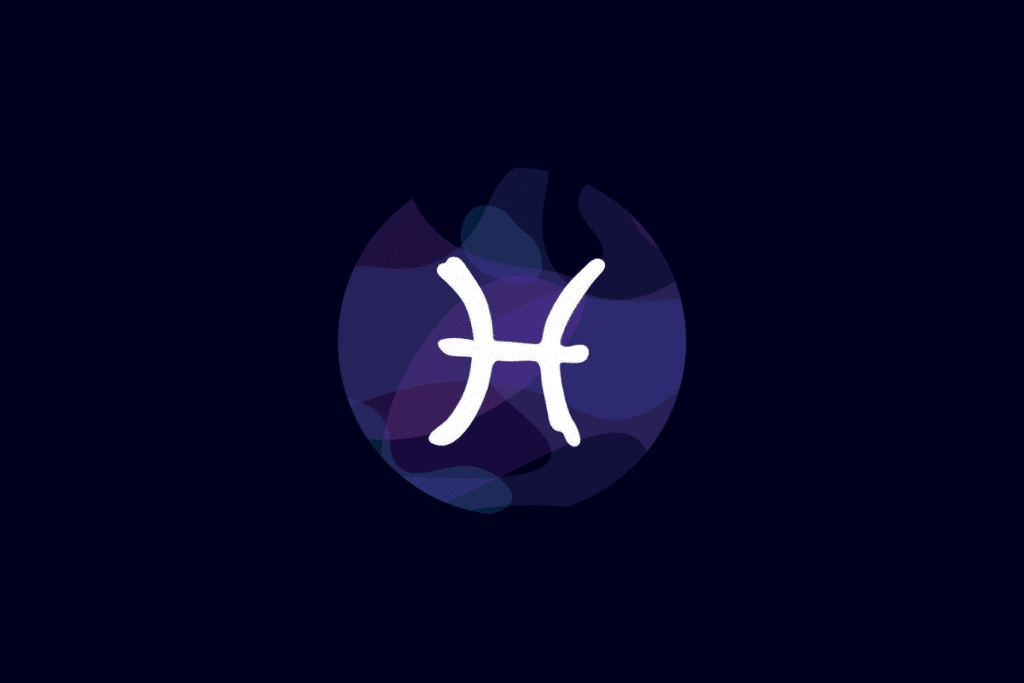 Ilustração do símbolo do signo de peixes em branco, centralizado sobre um círculo com tons de azul e roxo, em fundo azul-escuro.