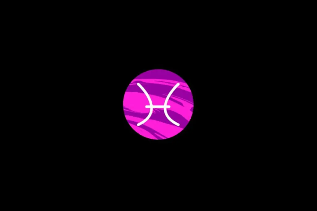 Ilustração do signo de peixes, dentro de um círculo rosa, sobre um fundo preto