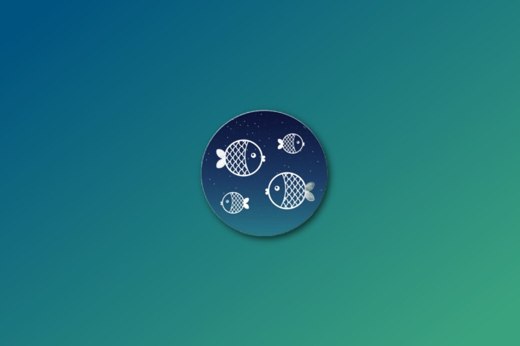 círculo azul com ilustração branca de quatro peixes representando o signo de peixes sobre fundo verde